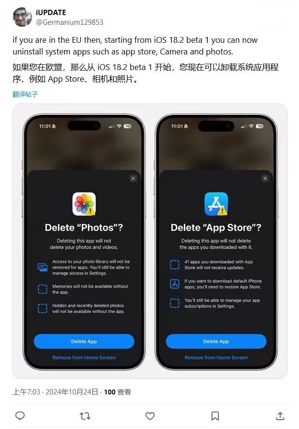 昂仁苹果手机维修分享iOS 18.2 支持删除 App Store 应用商店 