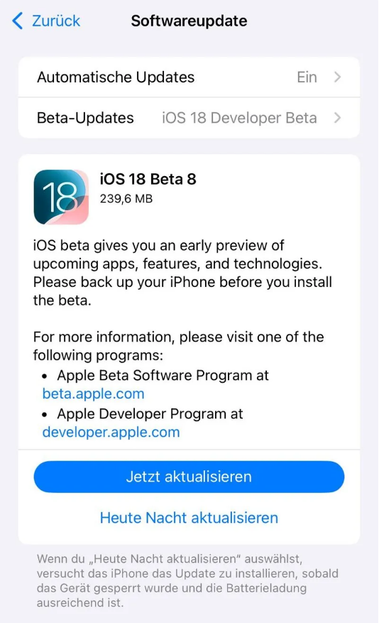 昂仁苹果手机维修分享苹果 iOS / iPadOS 18 开发者预览版 Beta 8 发布 